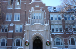 Snowy wreaths hang on the Administration Building